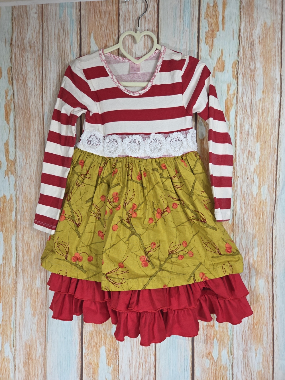 Giggle Moon Striped Red & White Long-Sleeve Dress with Fall Themed Mustard Skirt